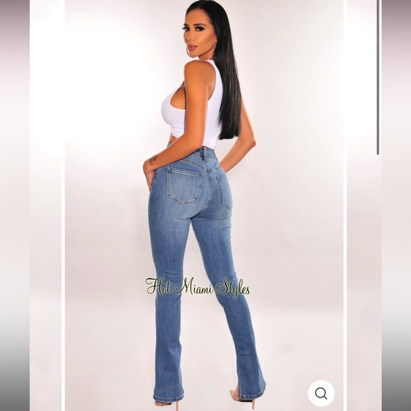 Worn 1x perfect condition HMS sz 7 blue denim high waist slit straight leg jeans - Picture 2 of 6